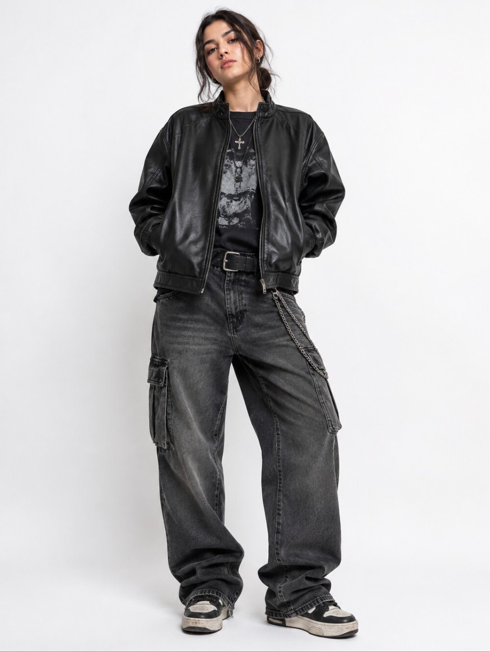 Bradley Bayou Womens Black Leather Jacket Coat Size Large Zip Retro Grunge